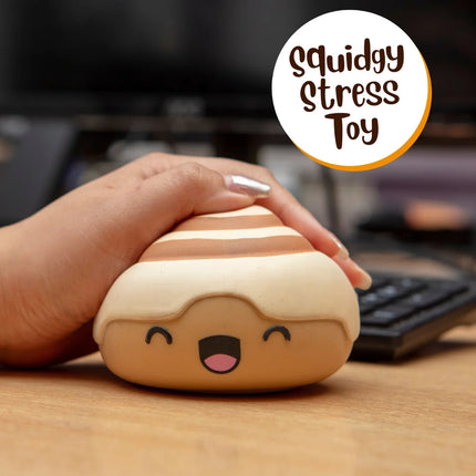 Hand squeezing a smiling soft squishy bun stress toy labeled Stress Toy - Nice Buns, calming sensory fidget aid.