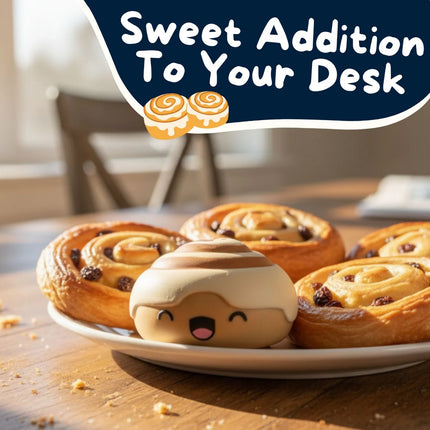 Stress Toy - Nice Buns soft fidget shaped like a cinnamon bun beside real buns, helping families thrive with tools to calm connect support