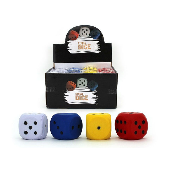 Squeeze PU Stress Dice (Assorted) 6cm in white, blue, yellow, and red, fidget squishies for stress relief.