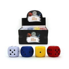 Squeeze PU Stress Dice (Assorted) 6cm in white, blue, yellow, and red, fidget squishies for stress relief.