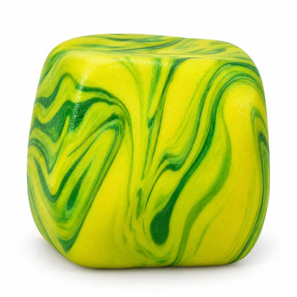 Yellow and green marbled cube-shaped squishy sensory toy