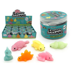 Mochi Squeeze Dinosaurs in Tub with colorful dinosaur squishies and storage container