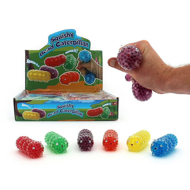Squishy Water Orbs Caterpillar sensory fidget toys in various colors with textured squishy beads for stress relief and play.