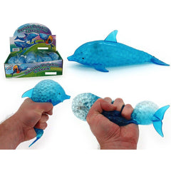 Squishy Water Orbs Dolphin sensory toy shown in packaging and being squeezed to reveal textured water orbs inside.