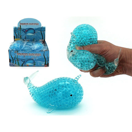 Squishy Water Orbs Narwhal – 13cm sensory fidget toy filled with blue water beads for stress relief and sensory play