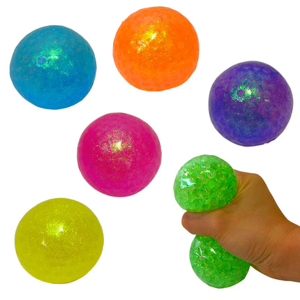 Squishy Water Orbs Ball W/Neon Glitter - 7cm in assorted colors with a hand squeezing a green orb sensory fidget toy.