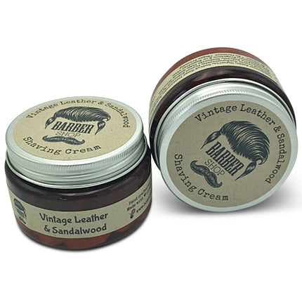 Barber Shop Vintage Leather & Sandalwood Shaving Cream 150gm jars with classic brown labels and silver lids