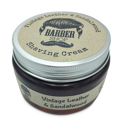 Barber Shop Vintage Leather & Sandalwood Shaving Cream 150gm in a vintage-style jar helping families thrive with tools to calm connect and support