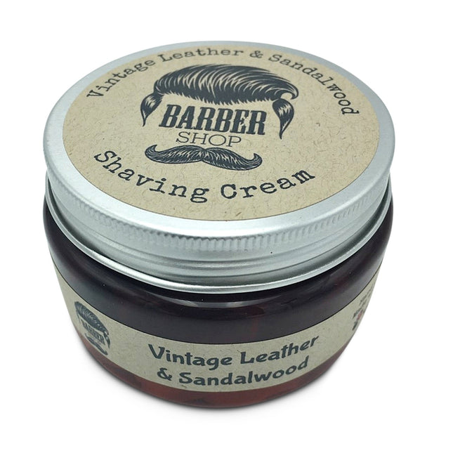 Barber Shop Vintage Leather & Sandalwood Shaving Cream 150gm in a vintage-style jar helping families thrive with tools to calm connect and support