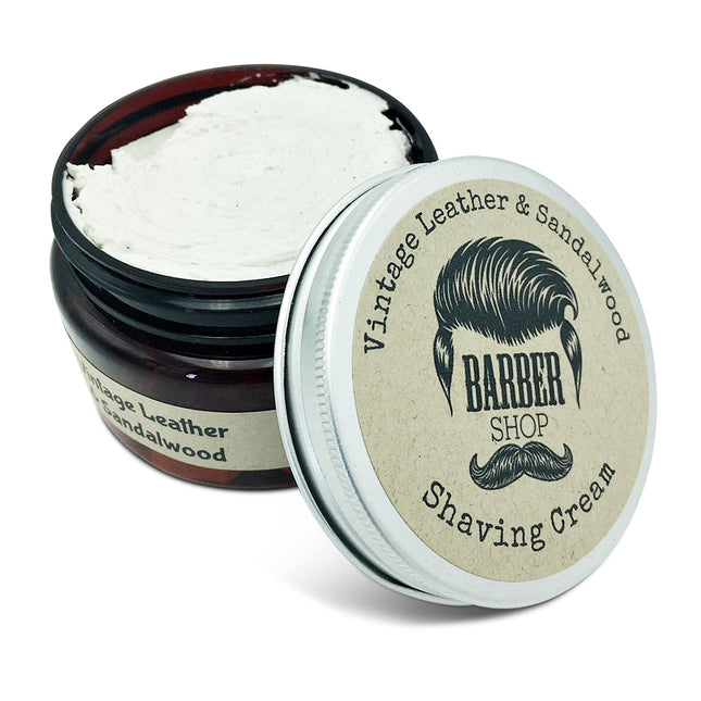 Barber Shop Vintage Leather & Sandalwood Shaving Cream 150gm in jar with open lid, helping families thrive.