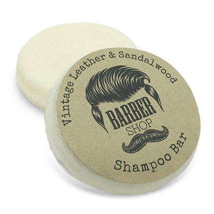 Barber Shop Shampoo Bar Vintage Leather & Sandalwood solid bar with vintage style label helping families thrive.