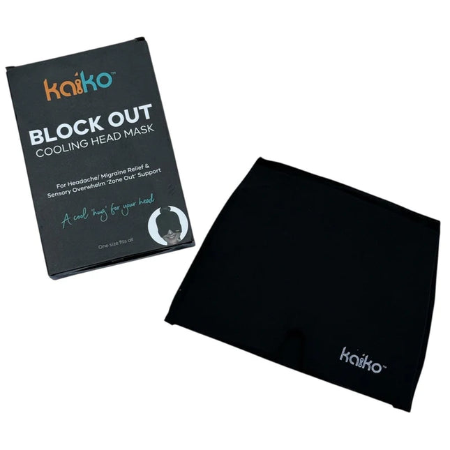 Block Out Cooling Head Mask – a cool ‘hug’ for your head shown with packaging for headache and sensory relief.