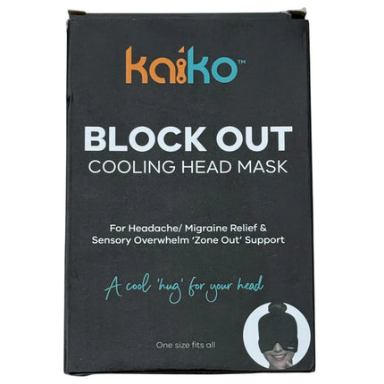 Box packaging of the Block Out Cooling Head Mask – a cool ‘hug’ for your head for headache and sensory relief
