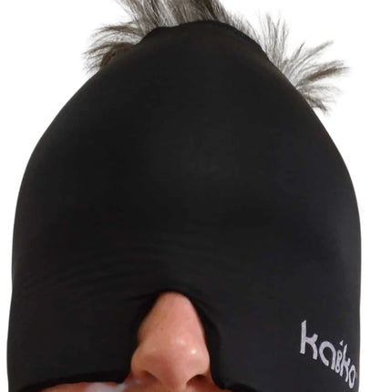 Person wearing a black Block Out Cooling Head Mask – a cool ‘hug’ for your head with hair sticking out from the top