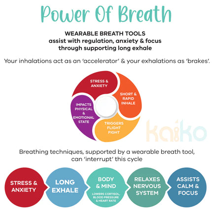 Infographic on Power Of Breath using Breath Tool 304 grade Stainless Steel IN WINDOW TIN - Mindful Breathing Unisex Necklace for anxiety and focus.
