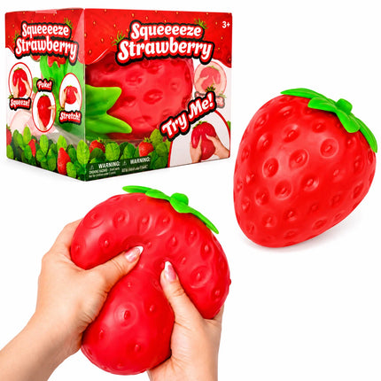 Squishy Jumbo Strawberry sensory fidget toy shown with packaging and being squeezed by hands