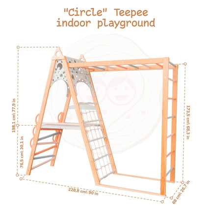Wooden Teepee Playground with climbing ladder, rope net, and monkey bars in natural wood finish for indoor play