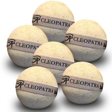 Six pale beige Cleopatra Milk Bath Bomb Soak with a touch of Gold Shimmer Set of 6 arranged together on white background