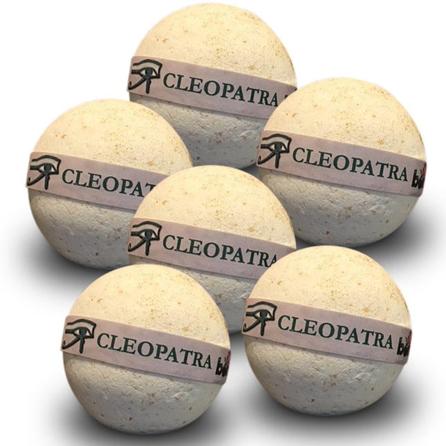 Six pale beige Cleopatra Milk Bath Bomb Soak with a touch of Gold Shimmer Set of 6 arranged together on white background