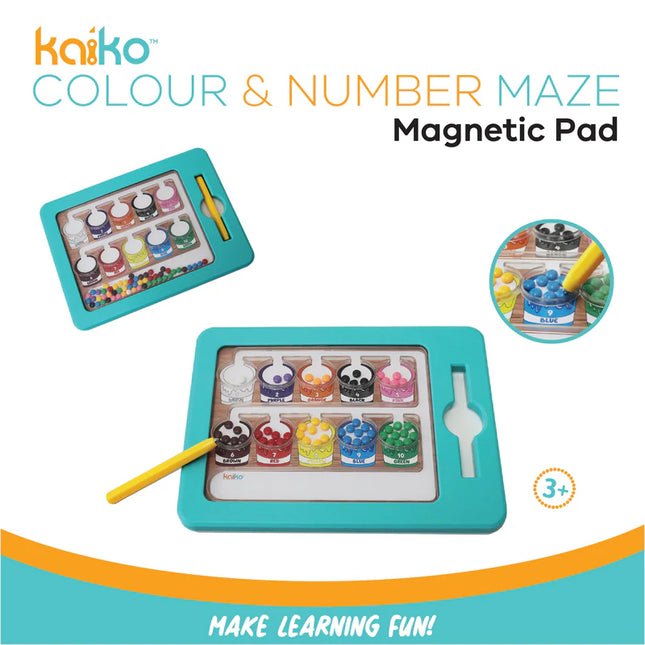 Colour & Number Maze Magnetic Pad - Magnetic Colour Sorting Maze with vibrant paint pots and magnetic wand on a turquoise frame for educational play.