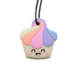 Cupcake Pendant with pastel swirled top and smiling face, designed as a chewing sensory aid necklace.