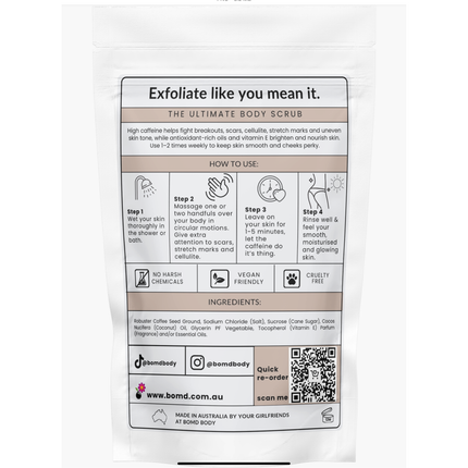 Back of Coffee Body Scrub Original Warm Vanilla Blend packet detailing usage steps and ingredients for smooth skin.