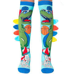 Dinosaur Socks with playful basketball dinosaur and colorful back fins helping families thrive with tools to calm connect and support