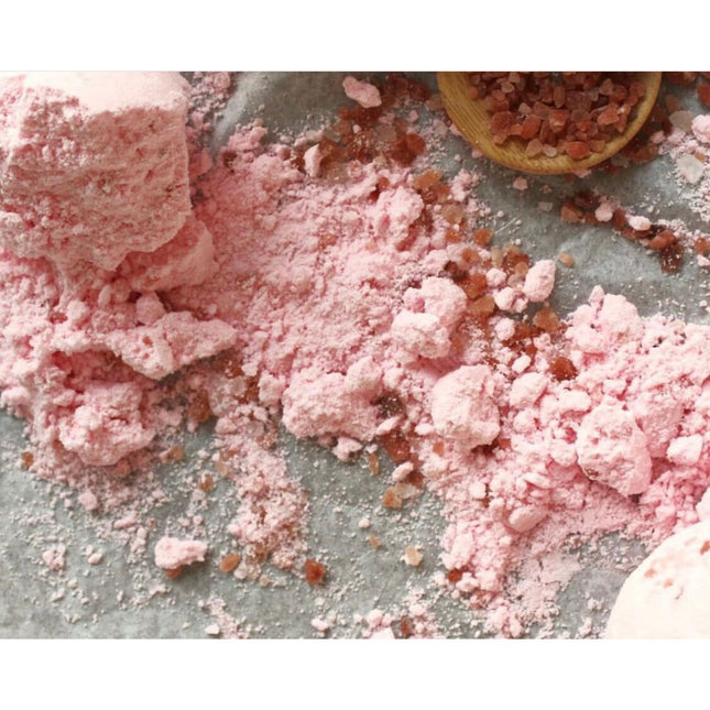 Detox Pink Rock Salt Bath Bomb Set of 6 Body Soak Bombs includes Jojoba Coconut and Hemp Oils for Beautiful Soft Skin with pink and natural salt grains.