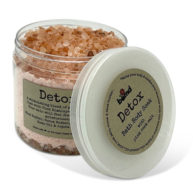 Detox Pink Salt Body & Muscle Soak Bubbling Salt Crystal Bath in clear jar with pink Himalayan salt crystals inside