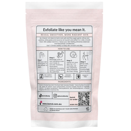 Back of DETOX Pink Salt Scrub & Soak packaging showing usage instructions and ingredients, helping families thrive with tools to calm, connect and support