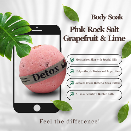 Detox Pink Himalayan Rock Salt Body Soak Bath Bomb with grapefruit and lime, surrounded by green leaves and text benefits.