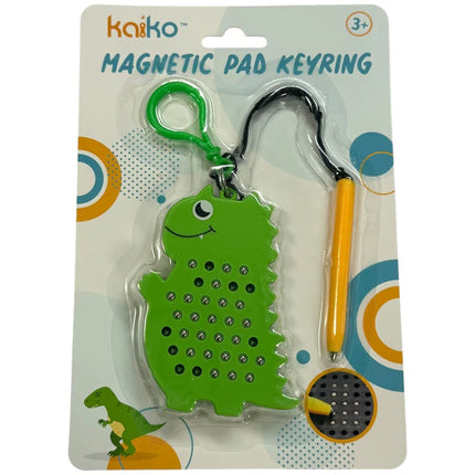Dinosaur Magnetic Pad Keyring featuring a green dinosaur-shaped magnetic drawing pad with attached yellow stylus and clip, designed for children aged 3 and up.