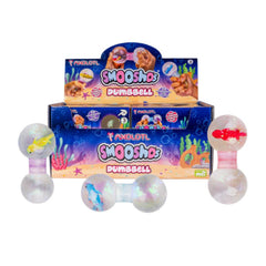 Smoosho's Axolotl Dumbbell sensory squishies shaped like dumbbells with colorful axolotl figures inside.