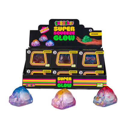 Smoosho's Super Squeeze Glow-in-the-dark Iceburg sensory squishy toys in display packaging