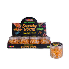 Display of Stretchy Worm Glow in the Dark jars, sensory fidget for calming and engaging play, helping families thrive.