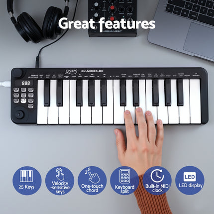 Alpha 25-Key MIDI Keyboard Controller Portable USB Laptop Black Dropshipzone