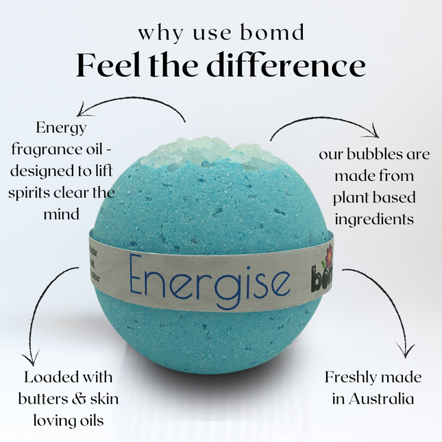 Energise Epsom Salt Fizzy Blue Bath Bomb Muscle & Mind Soak Bomb with plant-based bubbles and skin-loving oils.