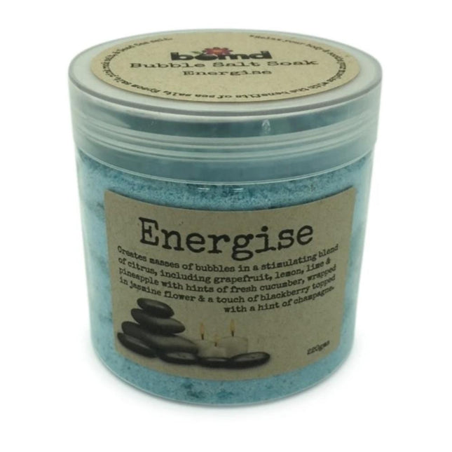 Energise Body Soak Bubbling Salt Crystal Muscle Soak in blue jar for calming, supporting families to thrive naturally