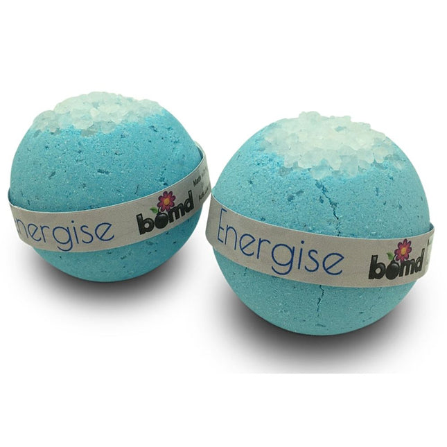 Two blue Energise Epsom Salt Bath Bomb Body Soak Set of 6 balls with coarse salt toppings and branded labels.