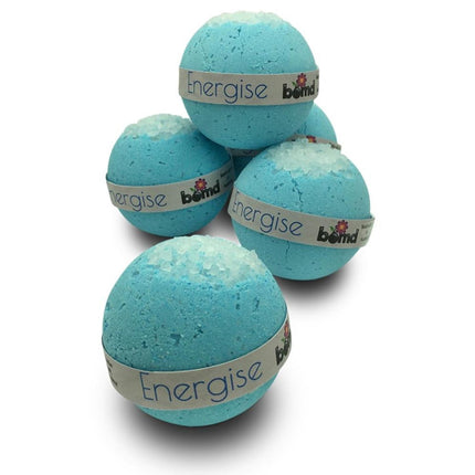 Energise Epsom Salt Bath Bomb Body Soak Set of 6 with blue bath bombs topped with coarse salt crystals.
