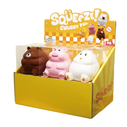 Squeeze Chubby Pal, Squishy Fidget Toys displayed in a yellow box with bear pig and white squishy toys