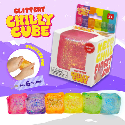Chilly Cube Glittery colourful glitter-filled sensory squishy cube in retail packaging
