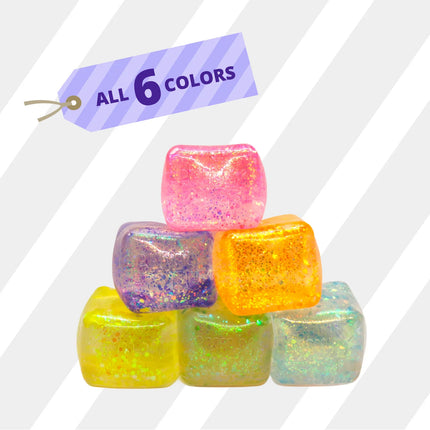 Chilly Cube Glittery glittery sensory fidget cubes stacked in six bright colors