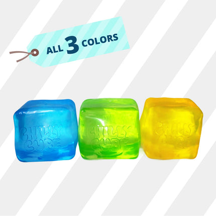Chilly Cube Transparent sensory squishy shown in blue green and yellow