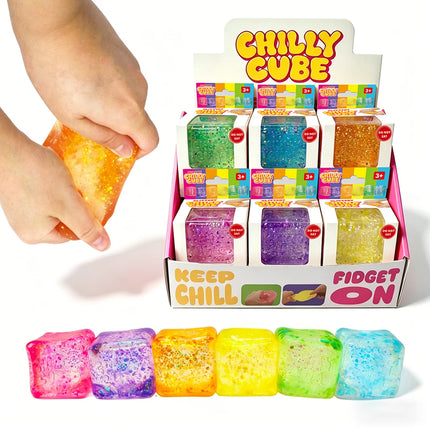 Chilly Cube Glittery colorful glitter sensory fidget cubes in display with hands squeezing one