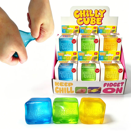Chilly Cube Transparent sensory fidget cubes in blue green and yellow with display box