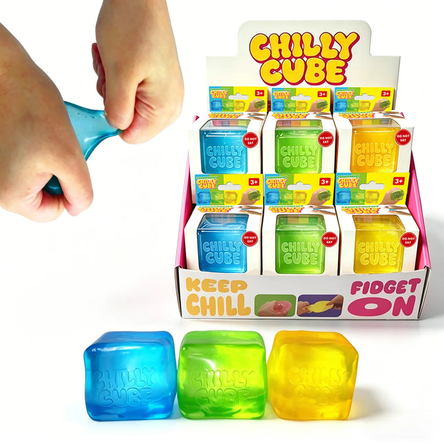 Chilly Cube Transparent sensory fidget cubes in blue green and yellow with display box