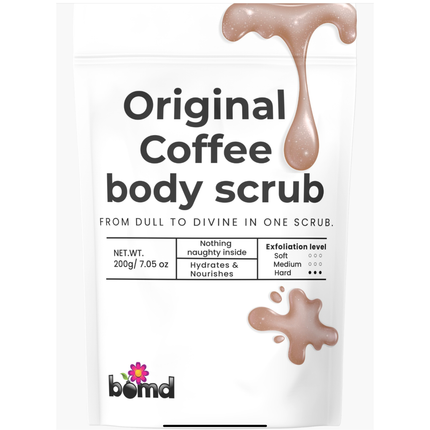 Coffee Body Scrub Original Warm Vanilla Blend in white pouch with brown scrub drops, helping families thrive with tools to calm connect support