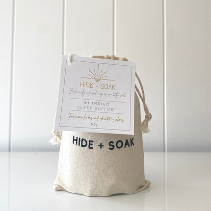Natural fabric pouch with tag for #3 Indigo - Sleep Support - Magnesium Bath + Foot Salts helping families thrive with tools to calm