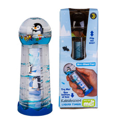Penguin Island's Liquid Timer Kaleidoscope with penguin design and colorful floating shapes in clear liquid timer toy.